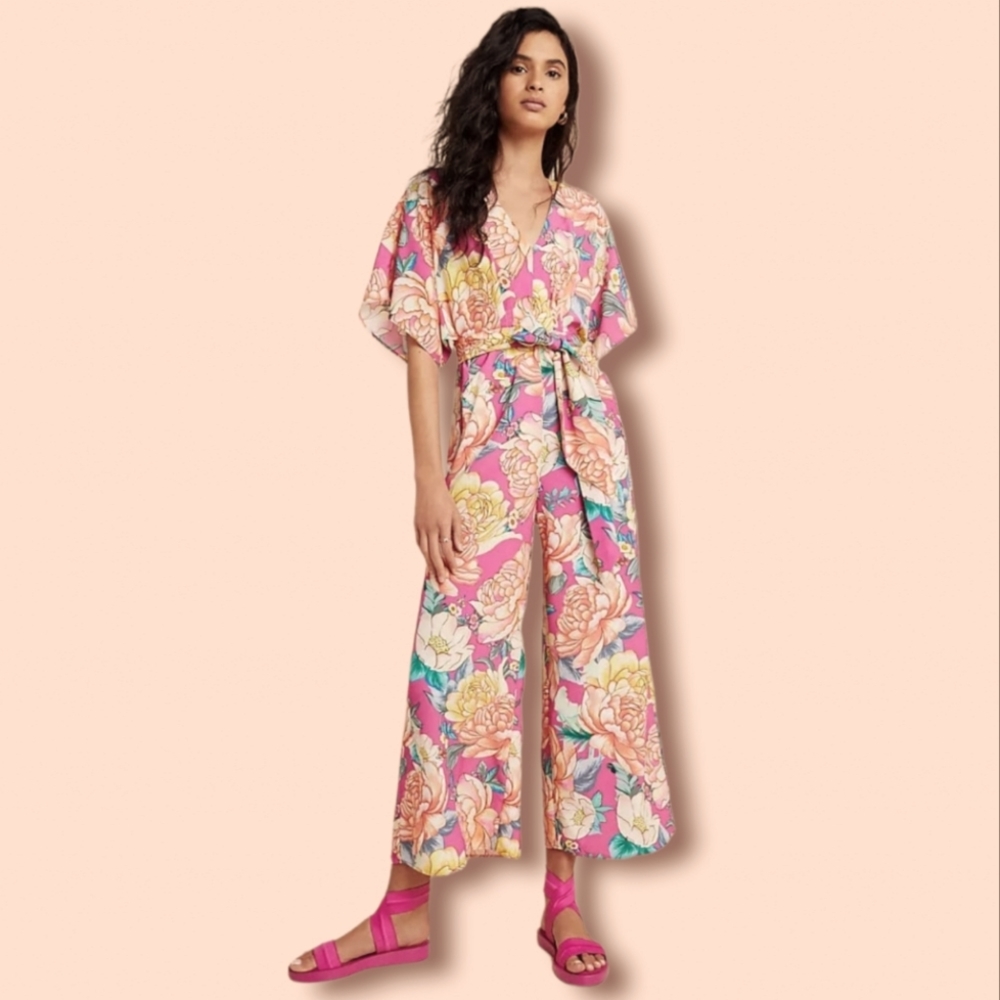 Anthropologie FARM Rio Eulalie pink floral Wide Leg Jumpsuit in size S - Picture 2 of 10